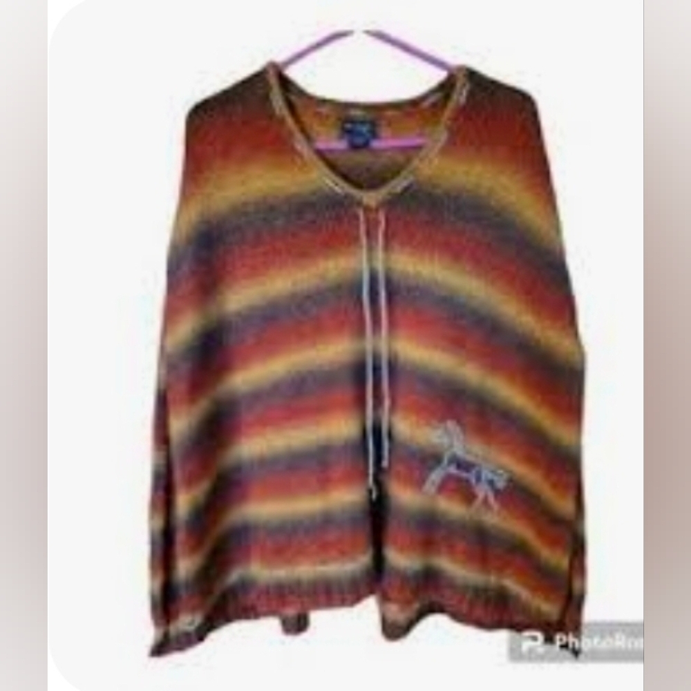 Bit & Bridle Women's V-Neck Knit Poncho in Warm Tones Embroidered Horse Earthy